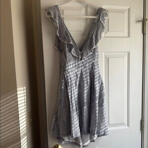 Free People White and Navy Striped Ruffle V-Neck Dress